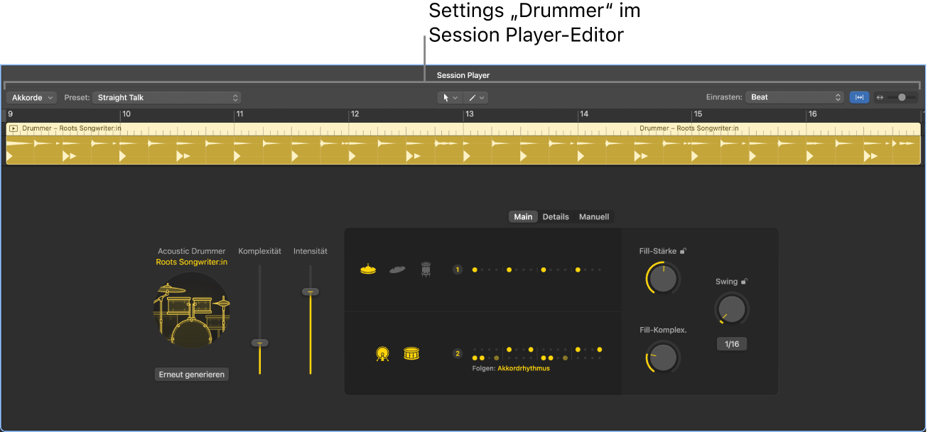 Abbildung. Der Session Player-Editor mit den Drummer-Einstellungen.