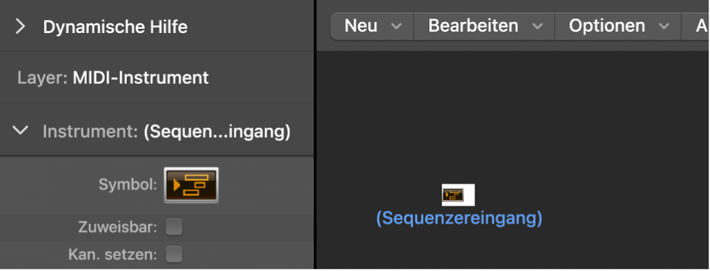 Abbildung. Environment-Fenster mit Anzeige eines Sequenzereingang-Objekts und des zugehörigen Informationsfensters