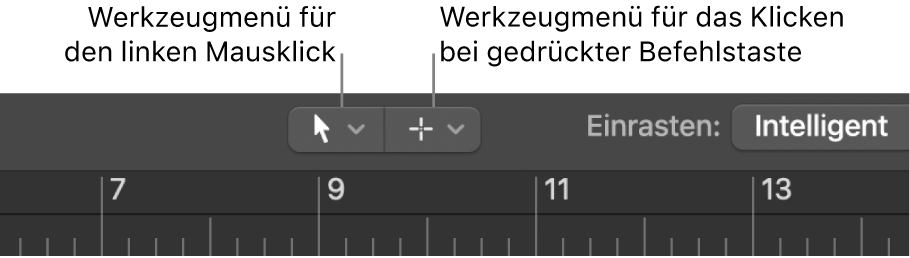 Abbildung. Werkzeugmenüs für linken Mausklick und Command-Mausklick im Arrangierbereich