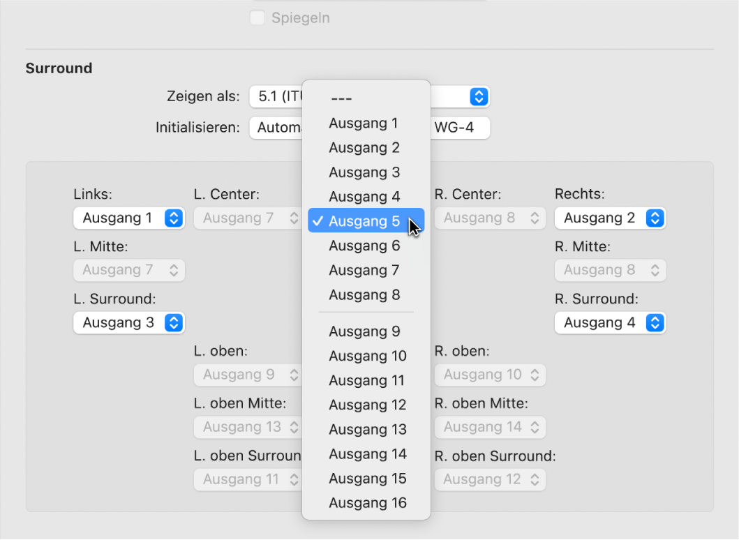 Abbildung. Einblendmenü „Ausgang“ in den Surround- Einstellungen