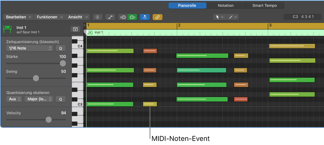 Abbildung. Pianorolleneditor mit hervorgehobenem MIDI-Noten-Event