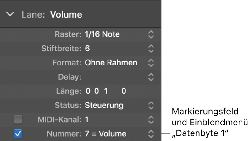 Abbildung. Markierungsfeld und Menü „Datenbyte 1“ („Nummer“)