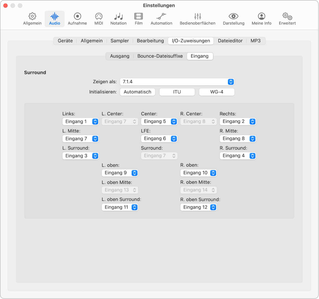 Abbildung. Einstellungsbereich „Audio“ > „I/O-Zuweisungen“ > „Eingang“.
