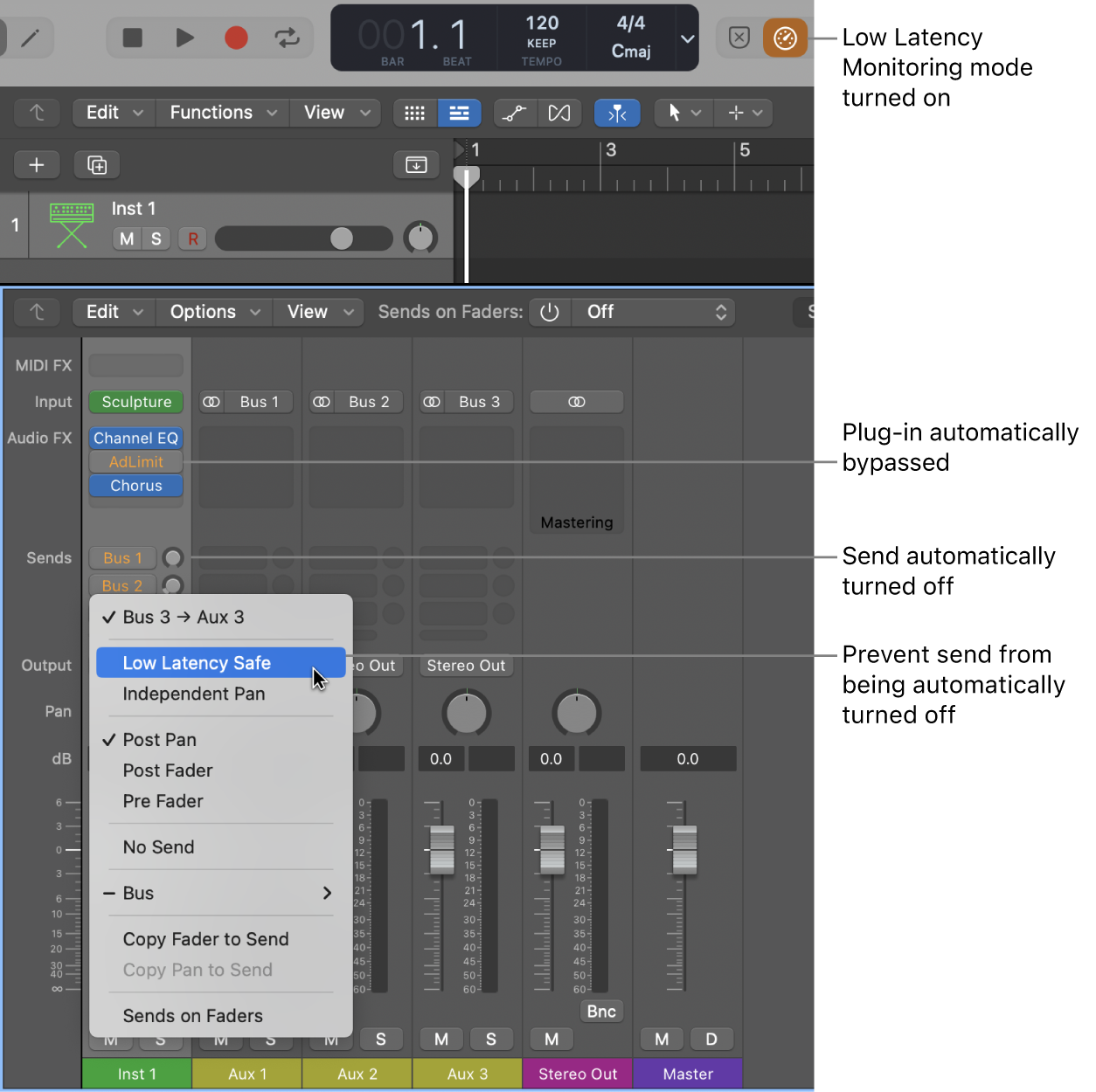 Figure. Send slot shortcut menu showing Low Latency Safe menu item.