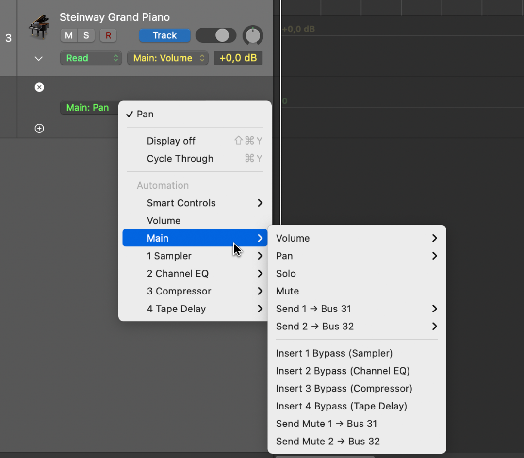 Figure. Choosing an automation parameter from the pop-up menu.