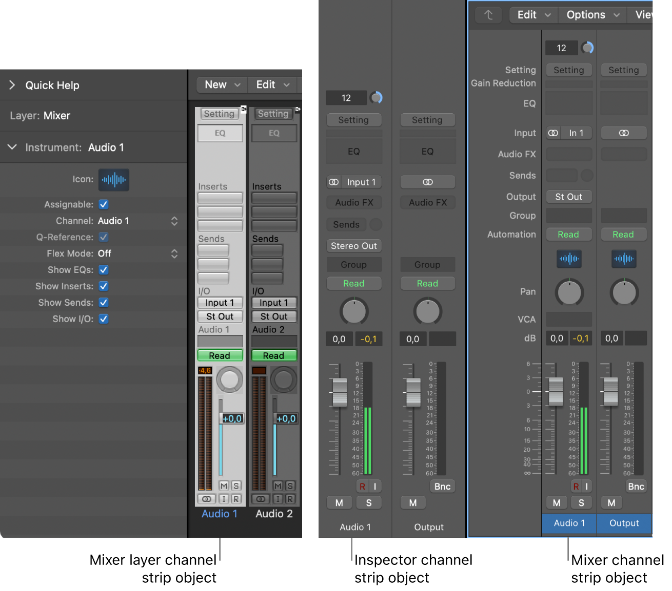 Figure. Showing channel strip objects in the Environment’s Mixer layer and in the main window’s Mixer and inspector.