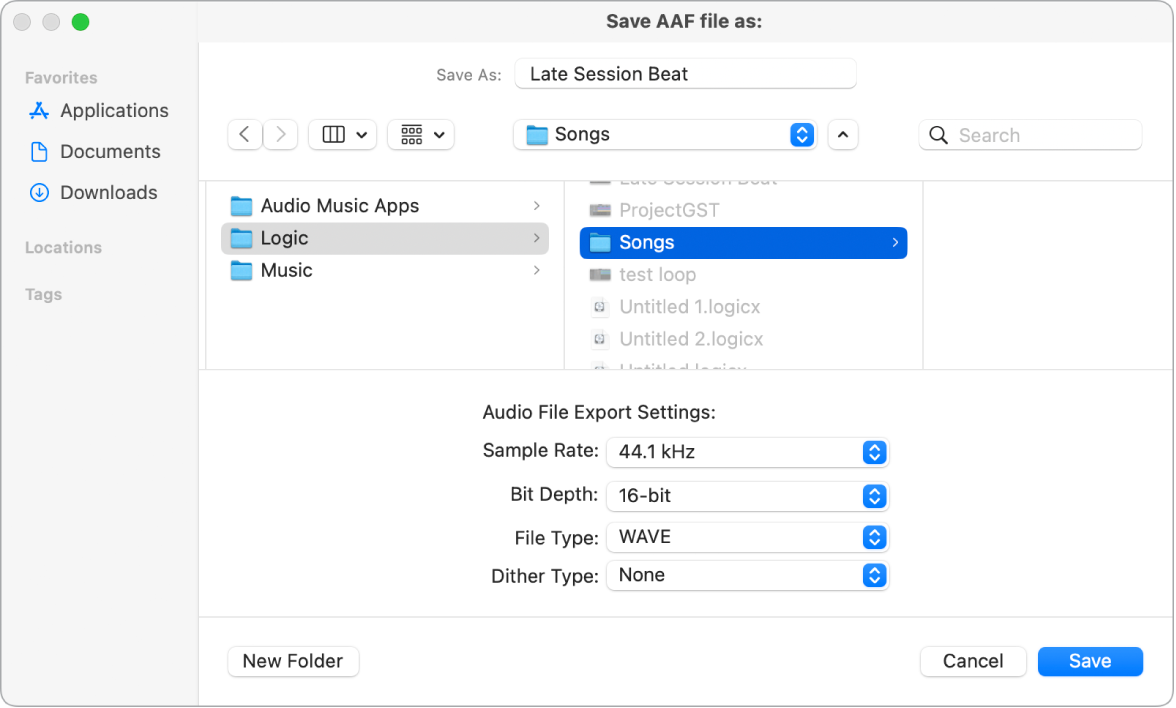 “Save AAF file as” dialog.