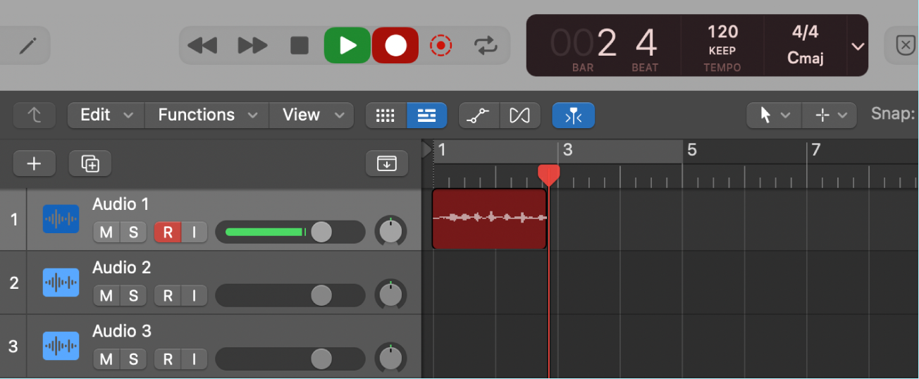 Figure. An audio region being recorded in the Tracks area.