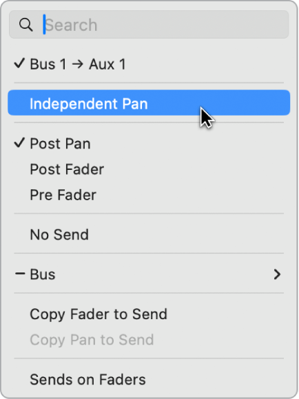 Figure. Independent Pan mode in Send pop-up menu.