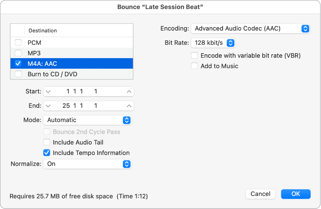 Figure. M4A AAC file options in the Bounce window.