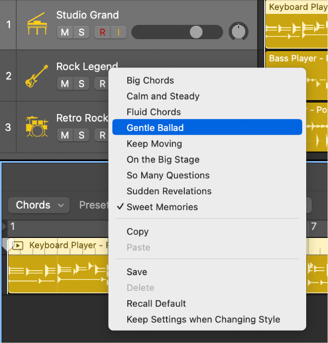 Figure. The Presets pop-up menu in the Session Player Editor.