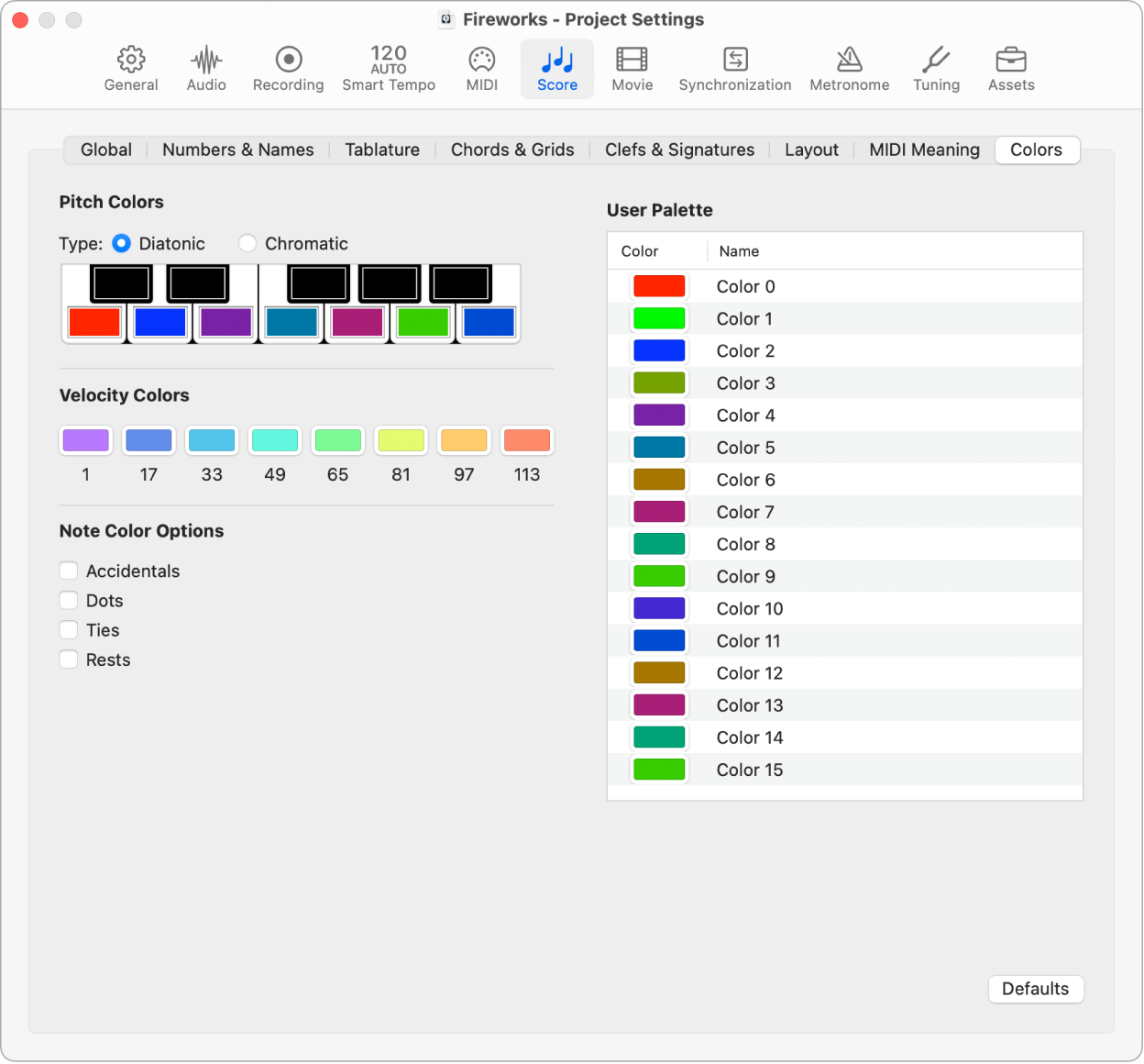 Figure. Colors project settings.