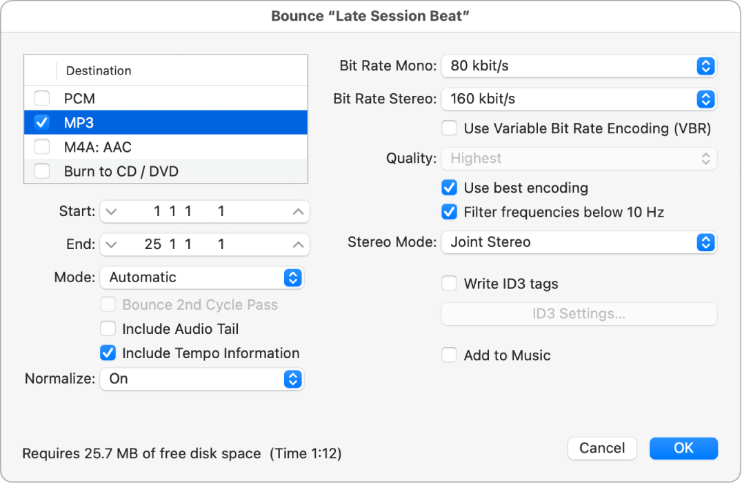 Figure. MP3 options in the Bounce window.