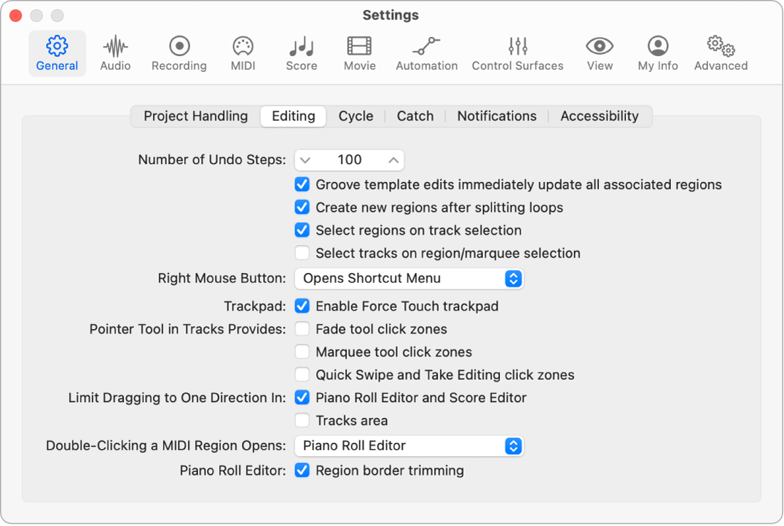 Figure. General Editing settings indicating options to limit note movement dragging.