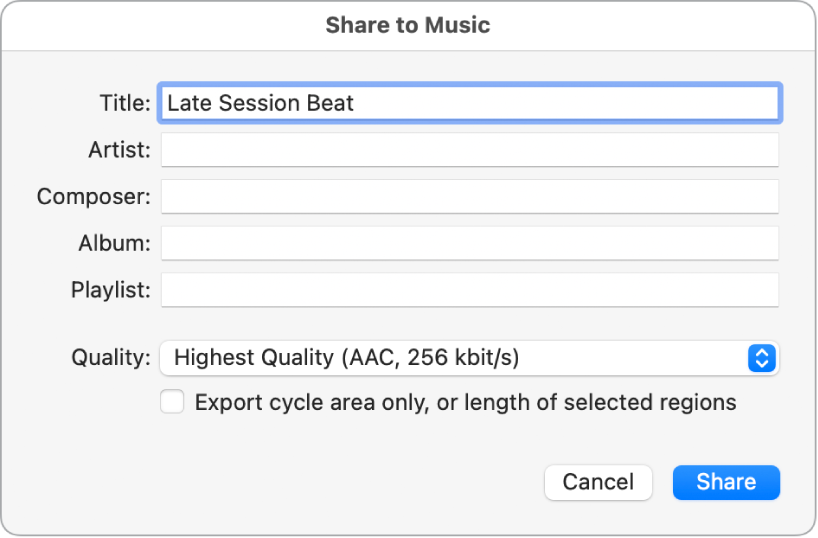 Figure. Share to Music dialog.