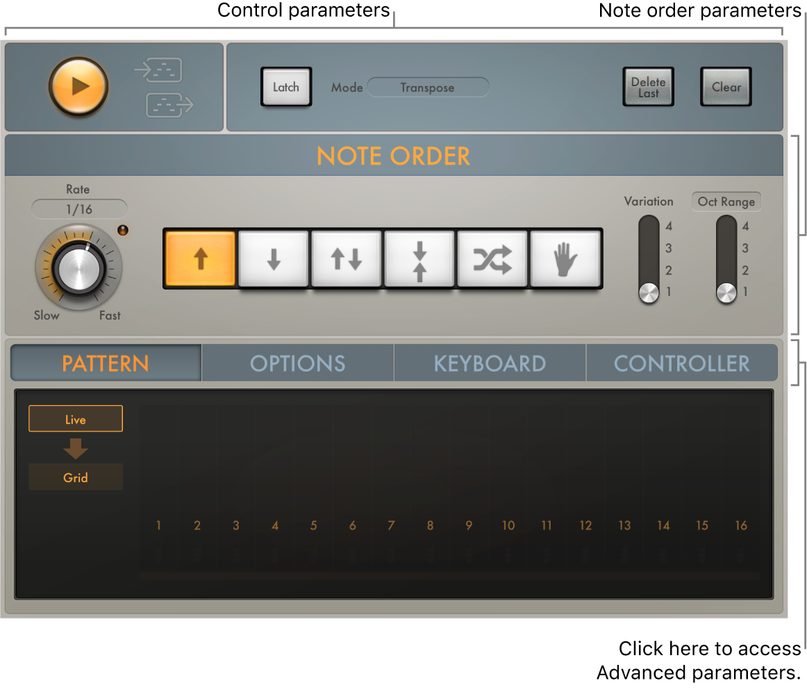 Figure. Arpeggiator window, showing main interface areas.