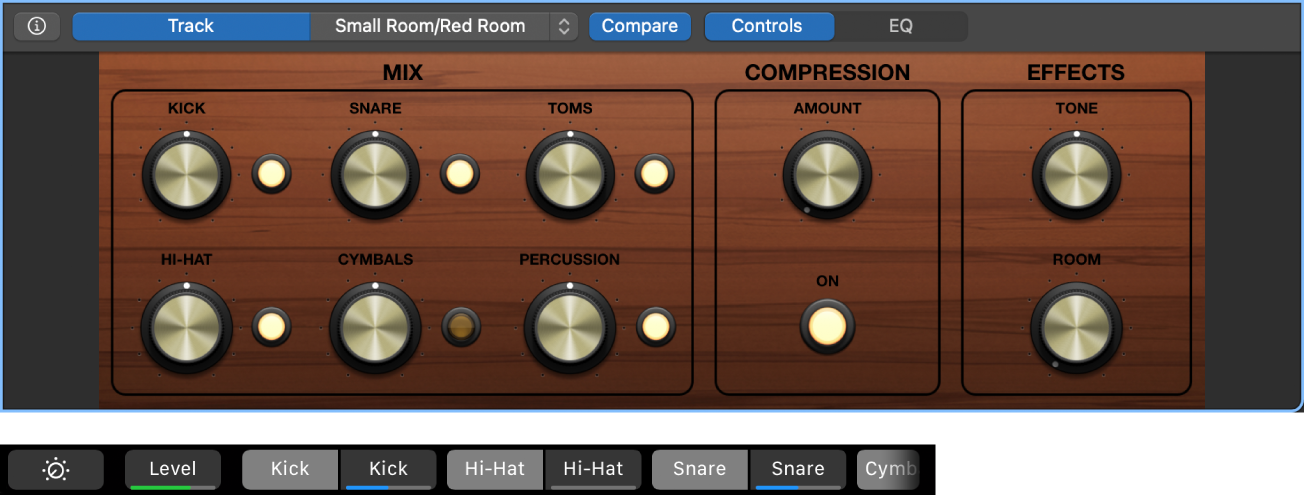 Figure. Smart Controls and dynamic Smart Controls screen shortcuts for a software instrument track with a Drummer region. Smart Controls and dynamic Smart Controls screen shortcuts.