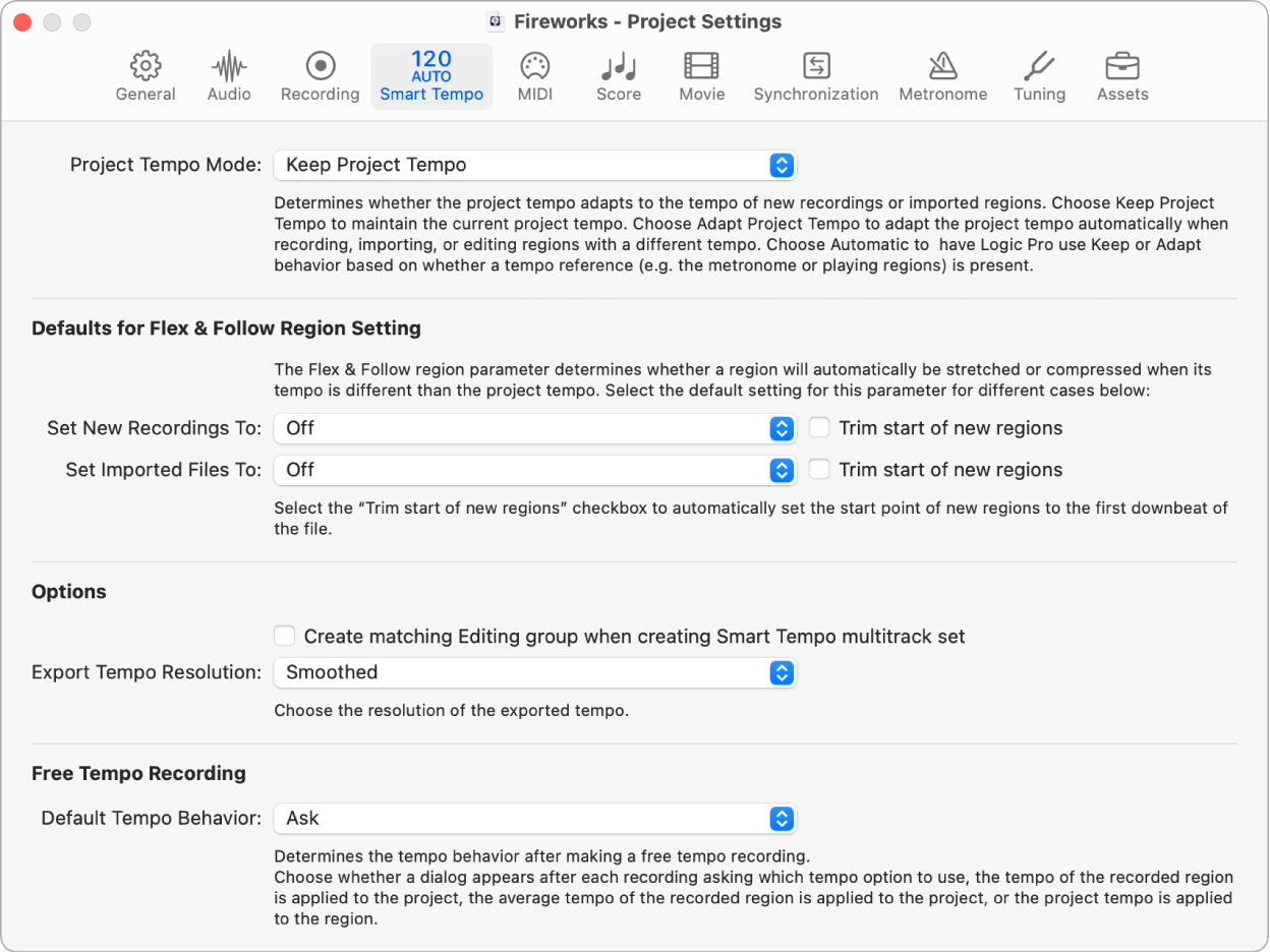 Figure. Smart Tempo project settings.