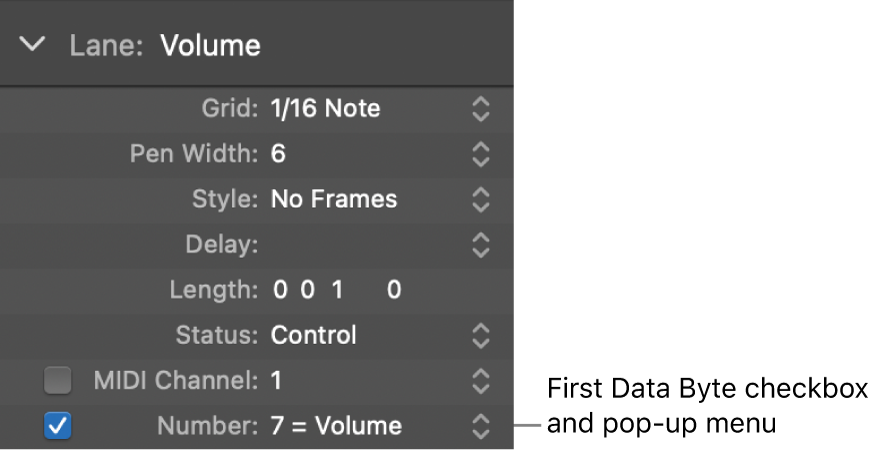 Figure. First Data Byte checkbox and menu.