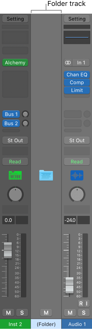 Figure. Folder track channel strip in the Mixer area.