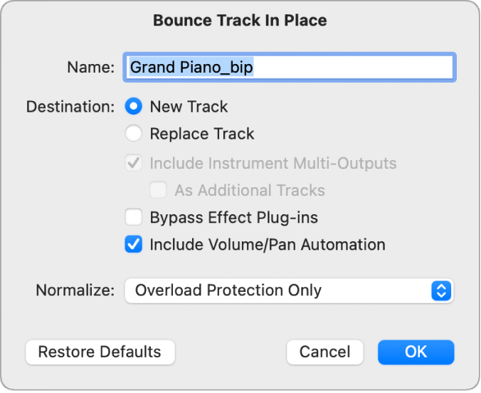 Figure. Bounce Track in Place dialog.