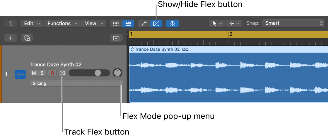 Figure. Flex button and Flex Mode pop-up menu in an audio track header.