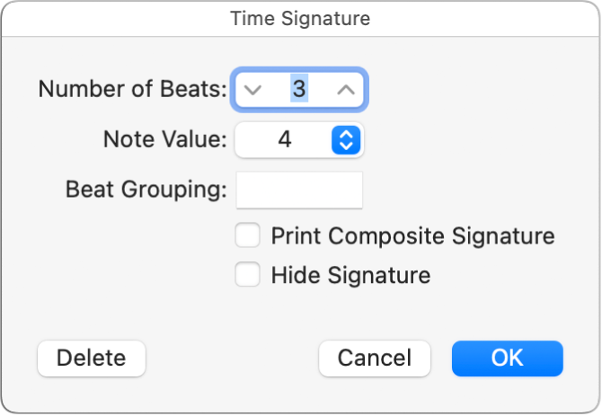 Figure. Time Signature dialog with value selected.