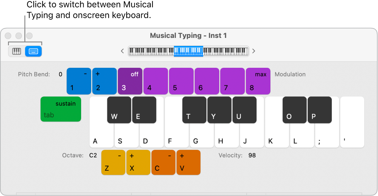 Figure. The Musical Typing window with two buttons in the upper-left area used to switch between musical typing and the onscreen keyboard.