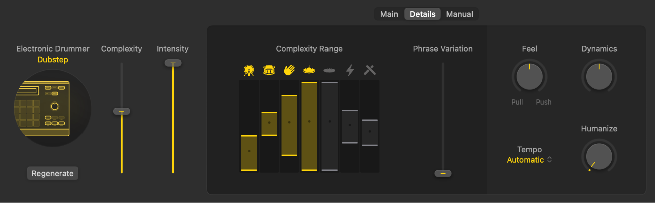 Figure. The Session Player Editor showing the Details view of the electronic Drummer.