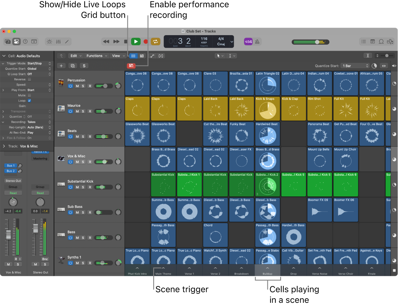 Figure. Live Loops grid with cells playing.