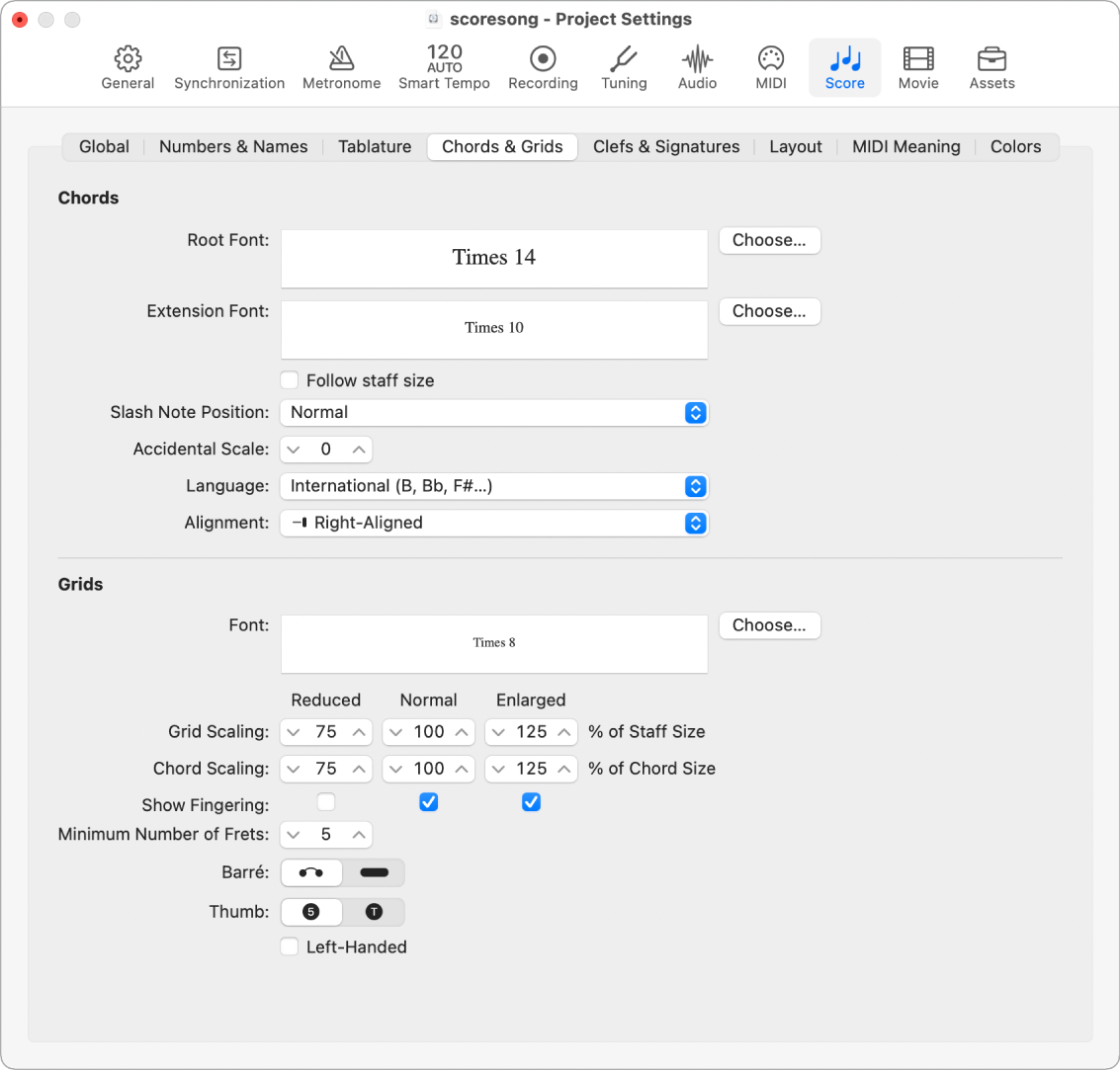 Figure. Chords and Grids pane in the Score project settings.