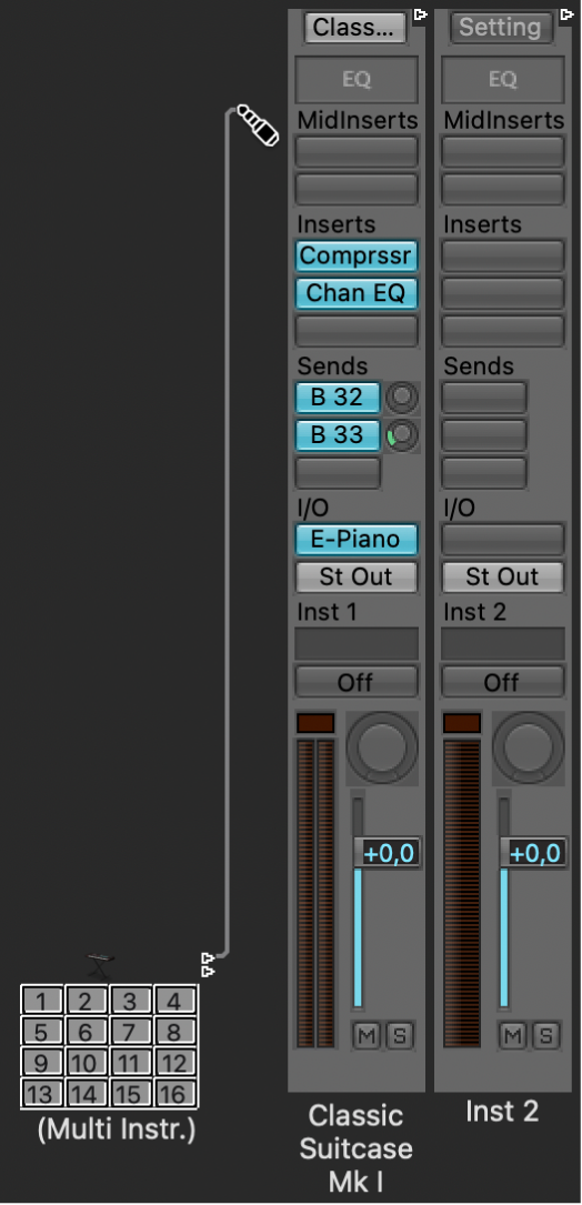 Figure. Cabling the mapped instrument to the software instrument channel strip in the Environment window.