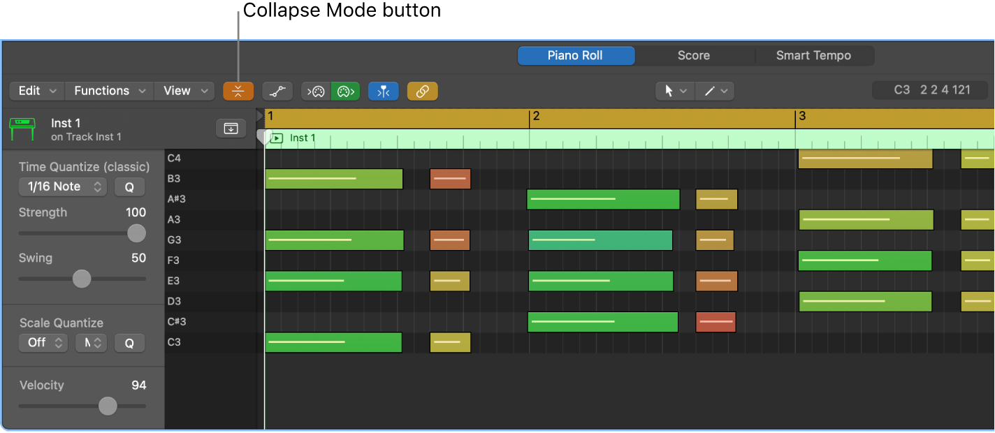 Figure. Piano Roll Editor, pointing out Collapse Mode button.