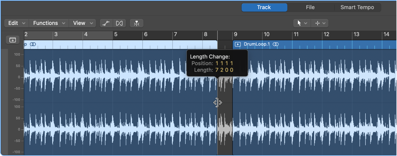 Figure. Trimming region in Audio Track Editor, showing help tag with region length and trim amount.