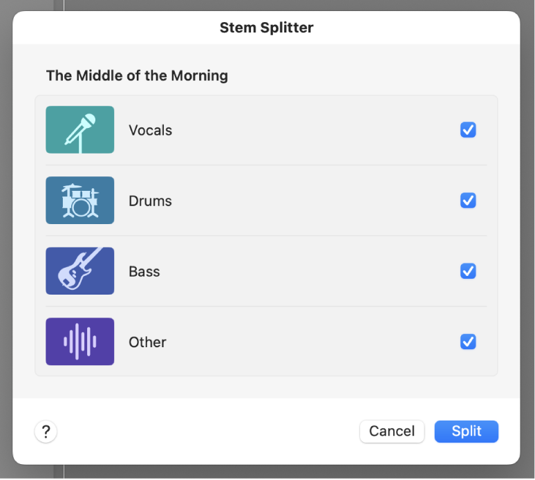 Figure. Stem Splitter dialog showing selected parts to extract.