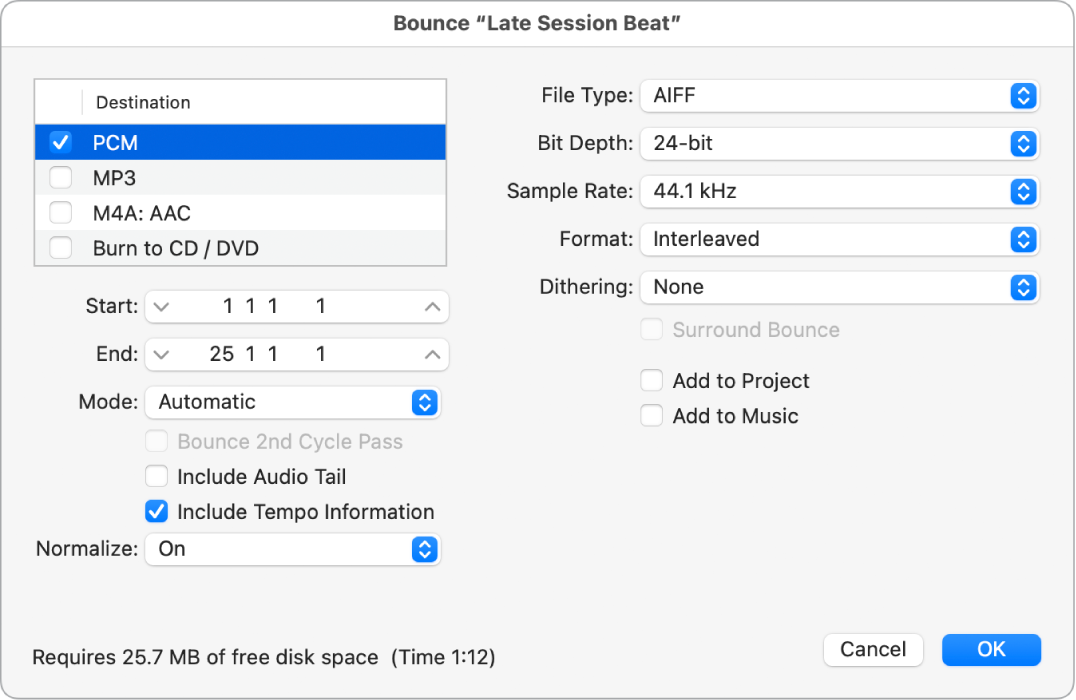 Figure. PCM options in the Bounce window.