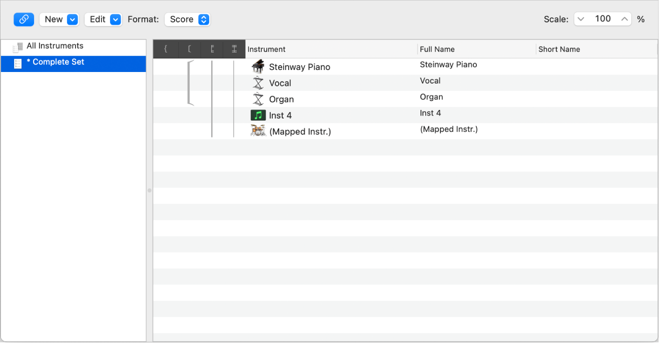 Figure Instrument column in the Score Set window.