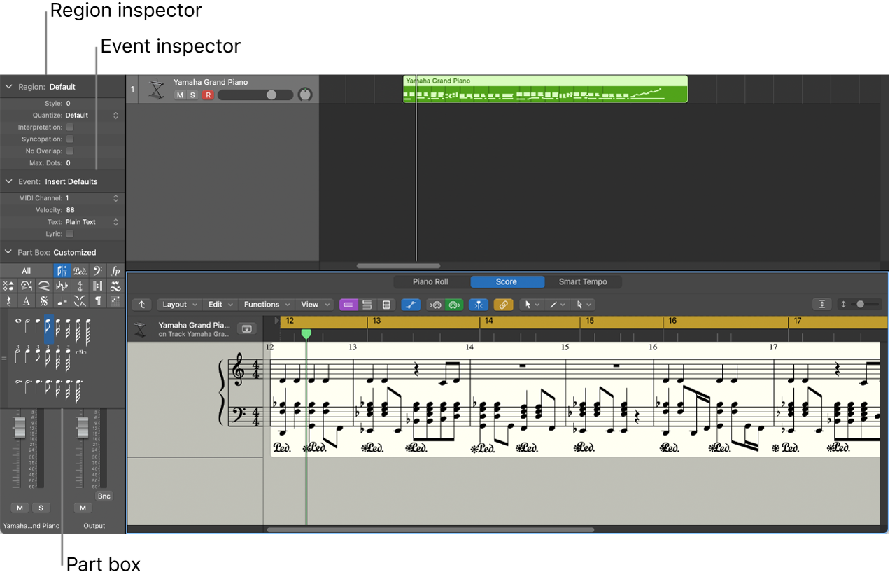 Figure. Event Parameter box, Display Parameter box, and Part box in the Inspector.