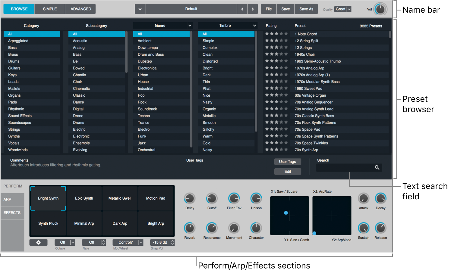 Figure. Browse view, showing Name bar, browser results list and Perform section.