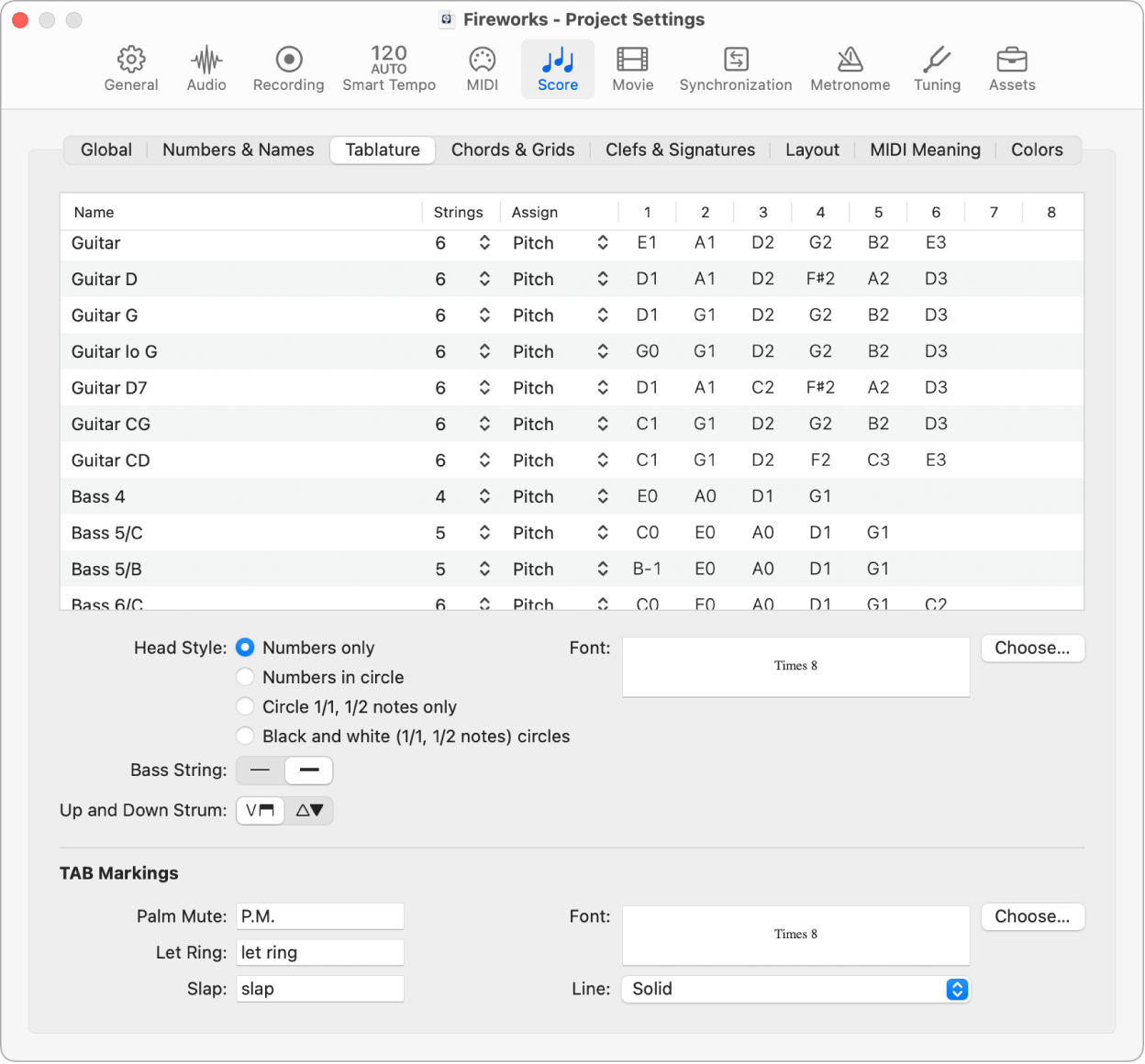 Figure. Tablature project settings.