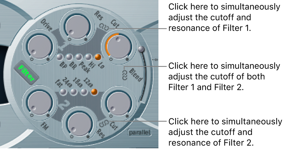 Figure. Filter parameters, showing chain icons between parameters and filters which allow simultaneous control of multiple parameters.