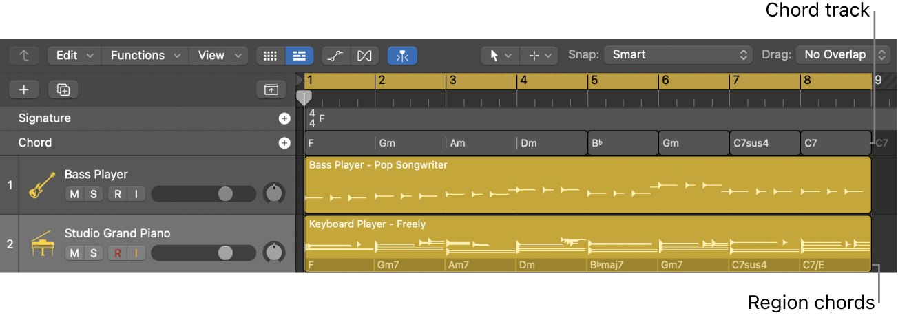 Figure. Project with chords on the Chord track and region chords on a Session Player region.