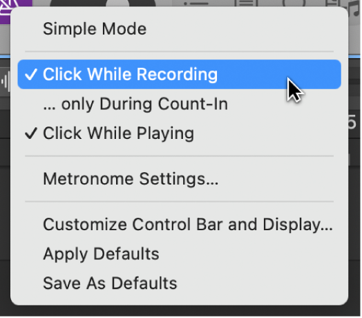 Figure. The Metronome menu showing “Click While Recording” turned on and a pointer selecting Metronome Settings.