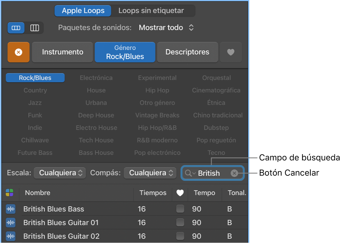 Campo de búsqueda y botón Cancelar en el explorador de loops.