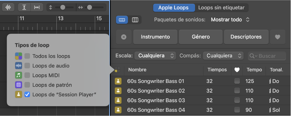 Ilustración. Explorador de loops con loops de Session Player seleccionados.