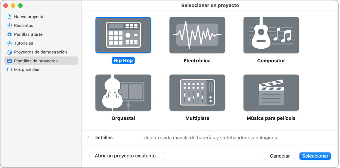 Ilustración. Selector de proyectos con una plantilla de proyecto de hip-hop seleccionada.