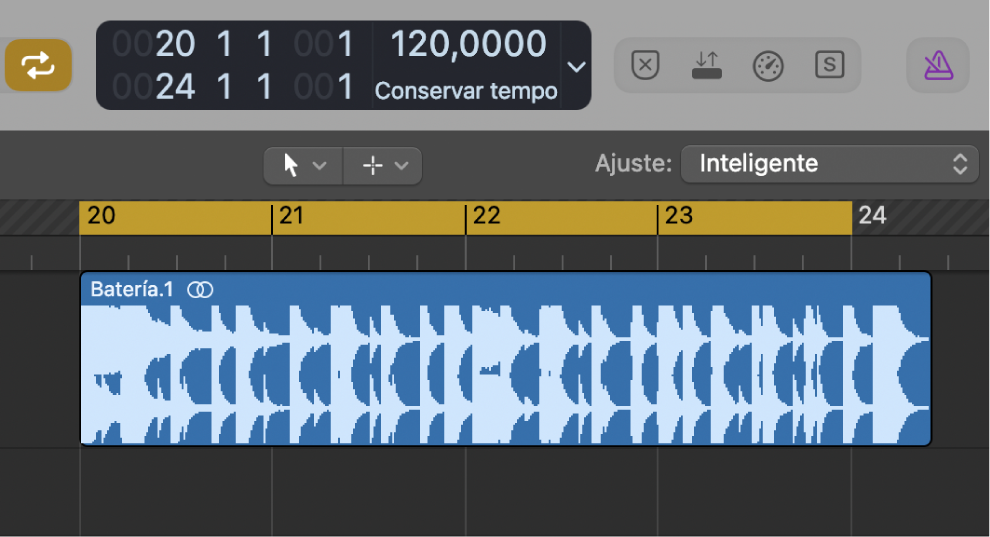 Ilustración. Área Pistas con el intervalo de localizadores ligeramente más corto que el pasaje de audio.