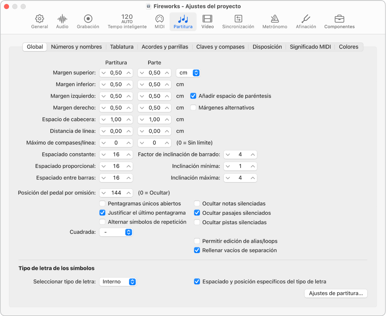 Ilustración. Pestaña Global del panel Partitura de ajustes del proyecto.