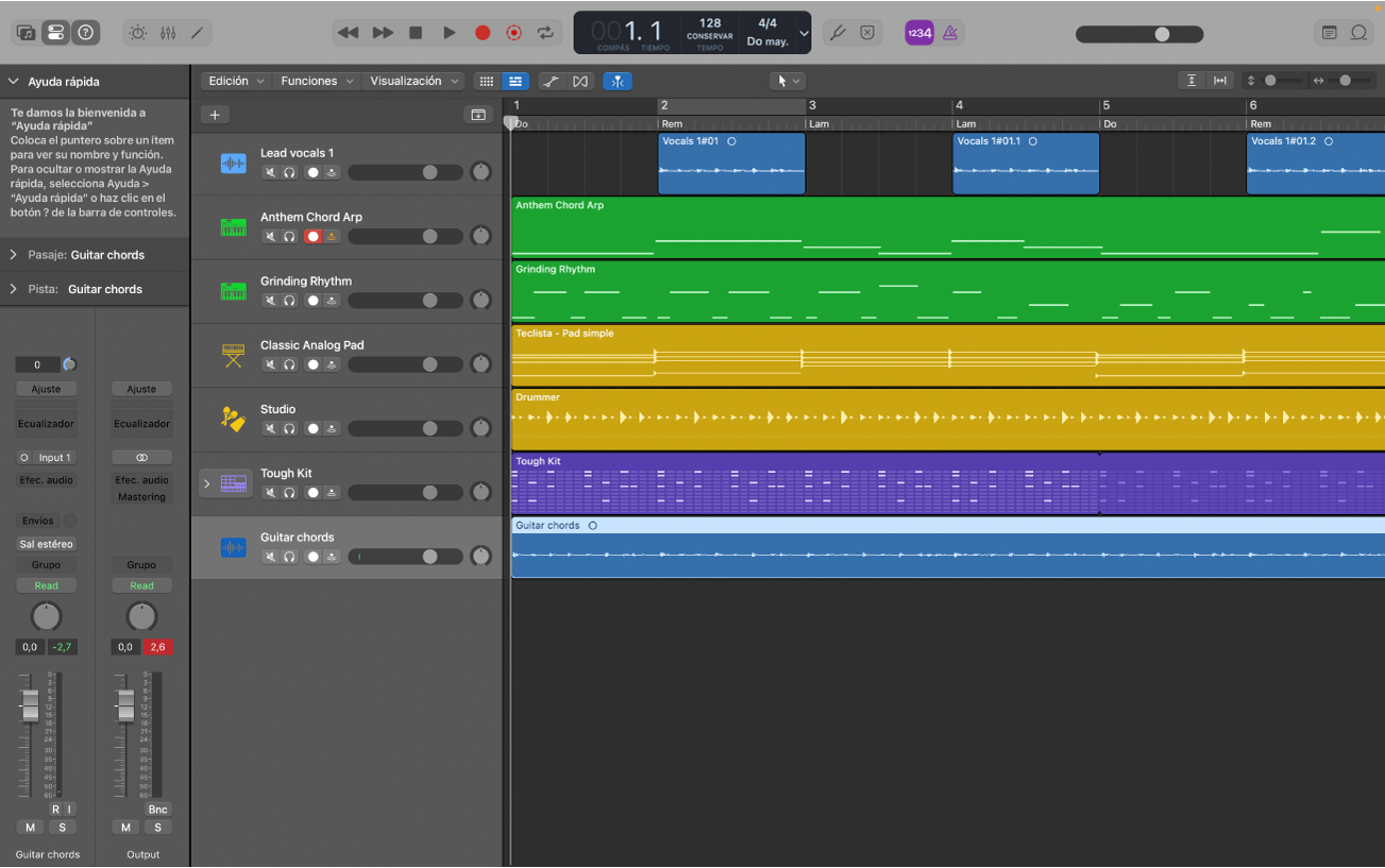 Ilustración. Área Pistas con pasajes de audio, de instrumentos de software y Session Player.