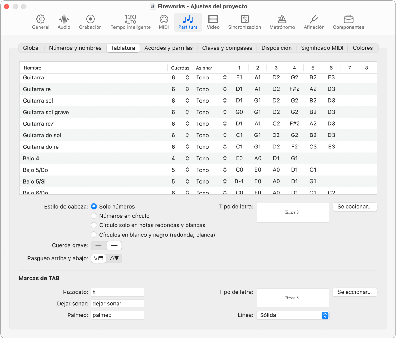 Ilustración. Pestaña Tablatura de ajustes del proyecto.